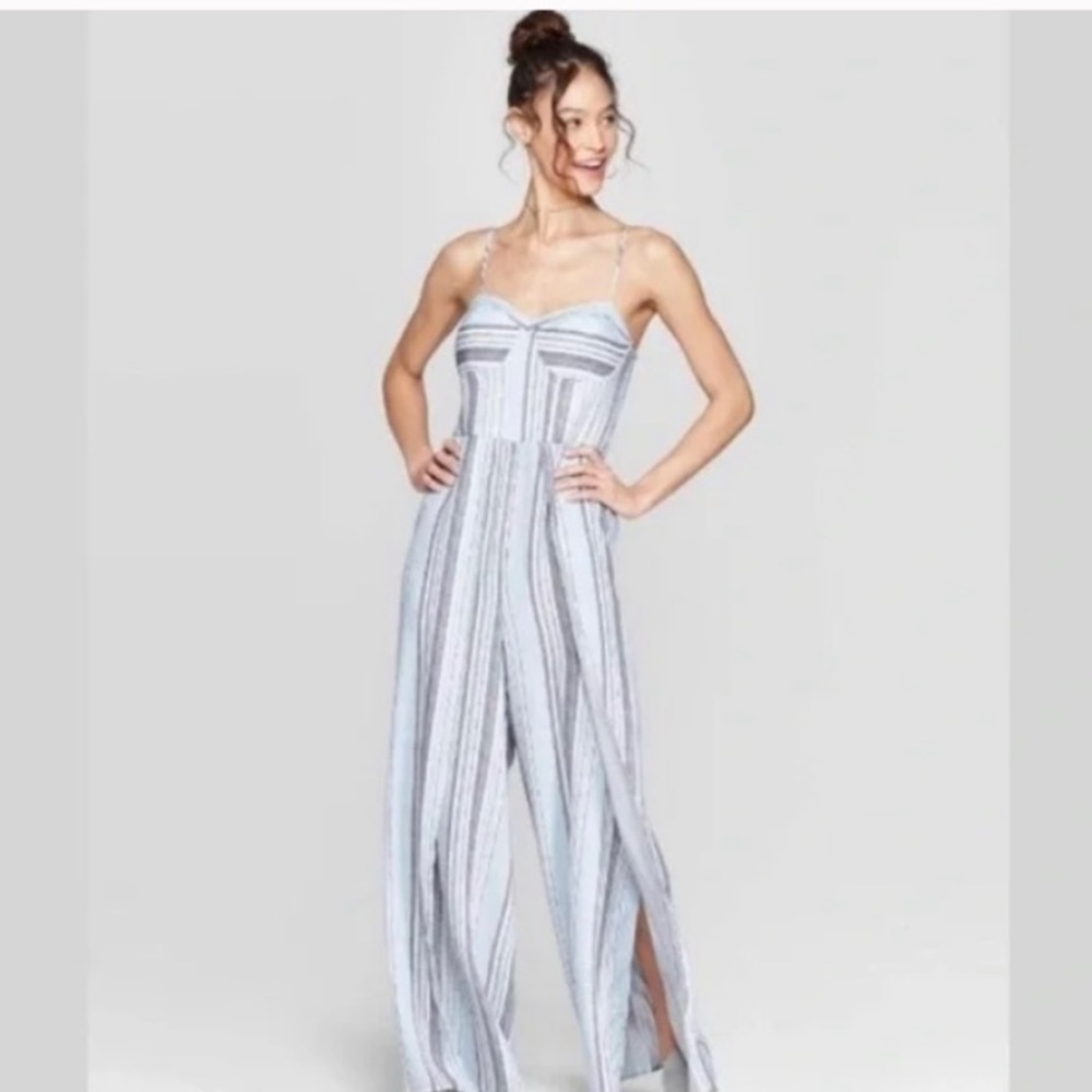 Xhilaration Blue Striped Split Wide Leg Jumpsuit